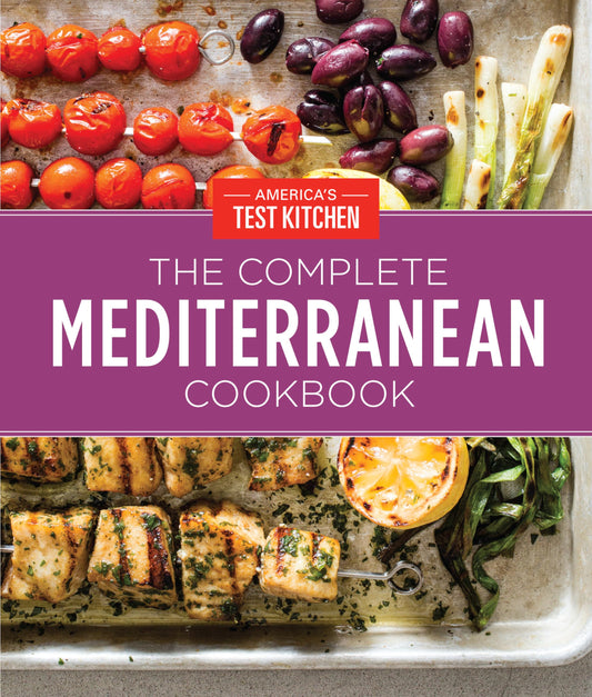 Cover of 'The Complete Mediterranean Cookbook' by America's Test Kitchen with images of roasted vegetables and grilled fish.