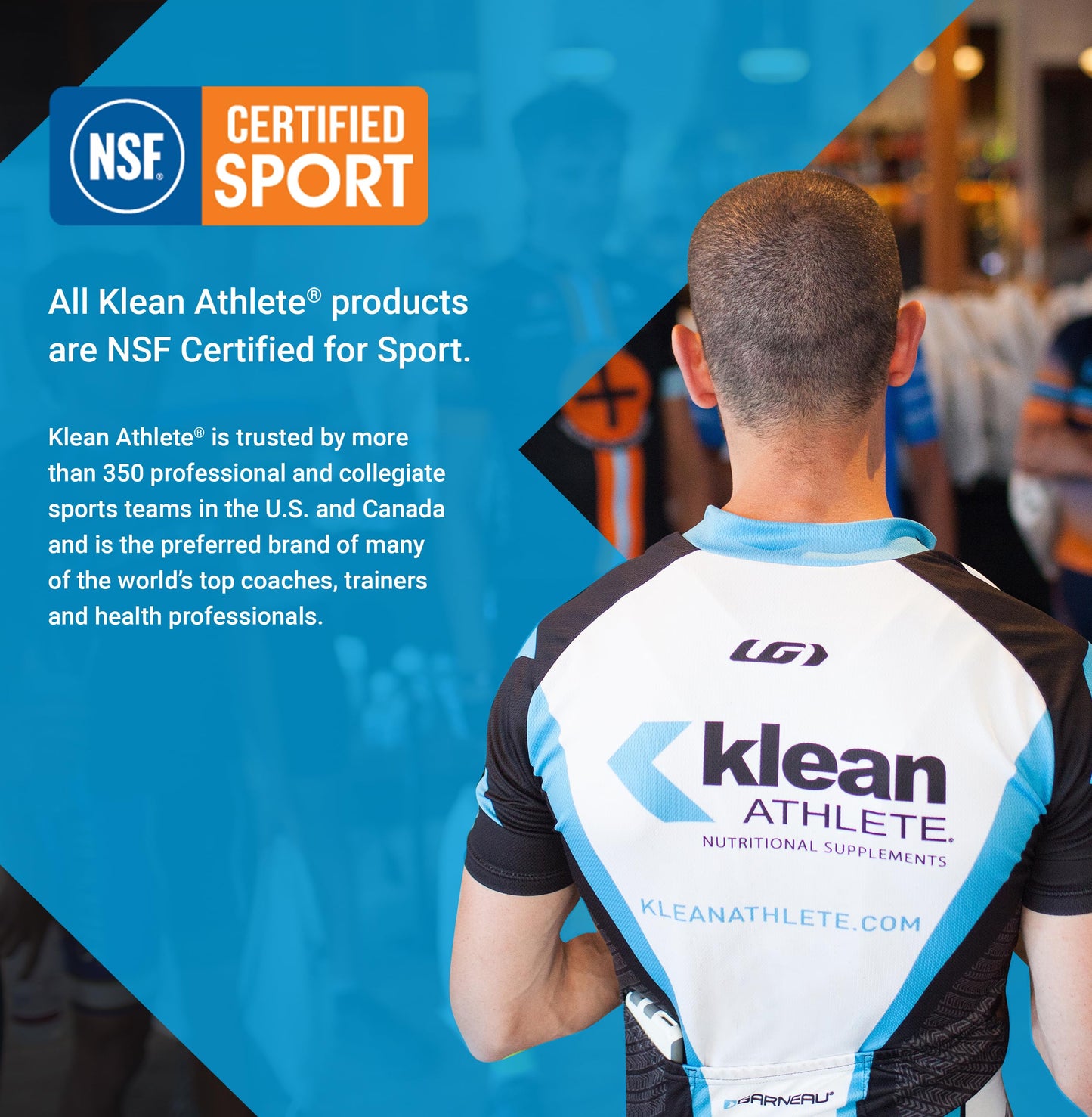 Person wearing a Klean Athlete sports outfit with NSF Certified Sport logo and text.