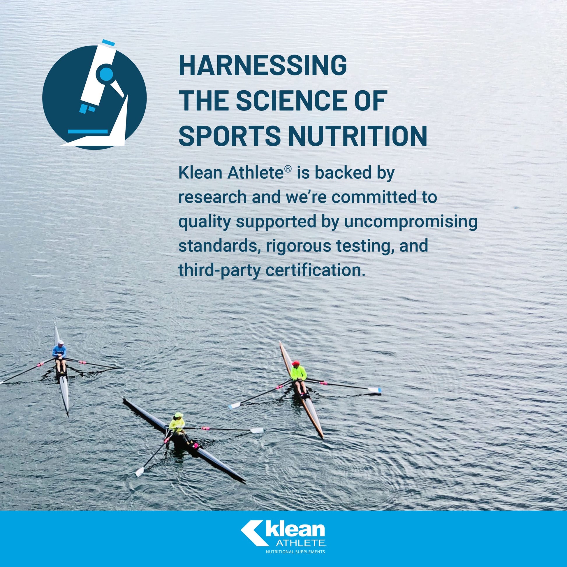 Klean Athlete advertisement with rowers in the water and text about sports nutrition science.