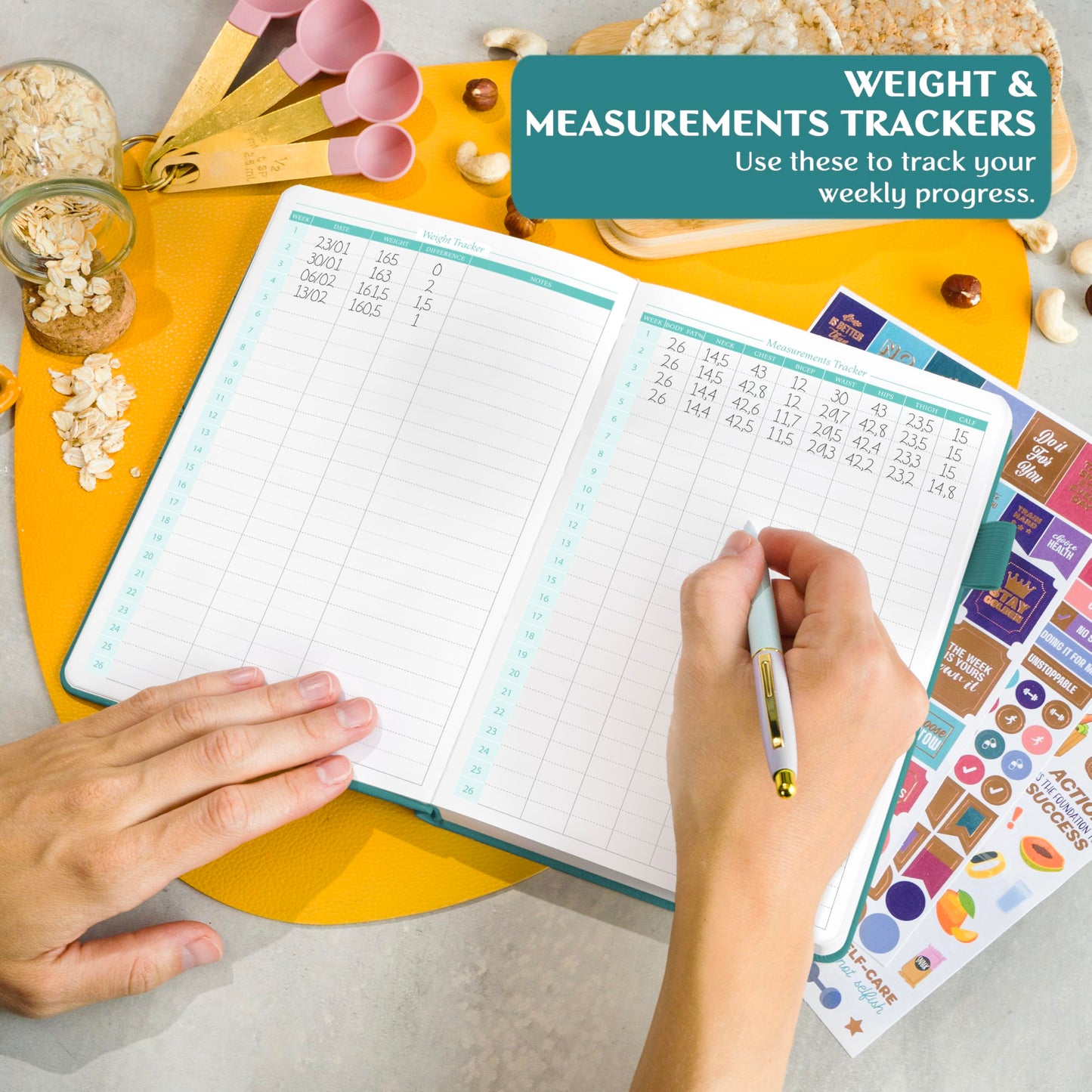 Person using a weight and measurements tracker with a yellow surface and measuring cups in the background.