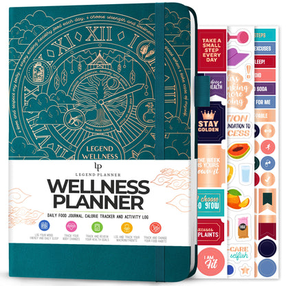 Wellness planner with decorative cover and additional stickers on a white background
