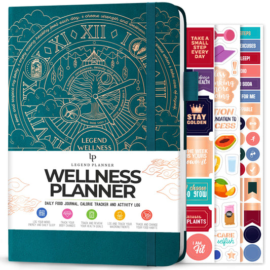 Wellness planner with decorative cover and additional stickers on a white background