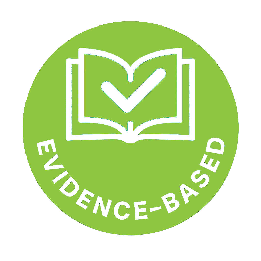Green badge with an open book icon and 'Evidence-Based' text on a white background