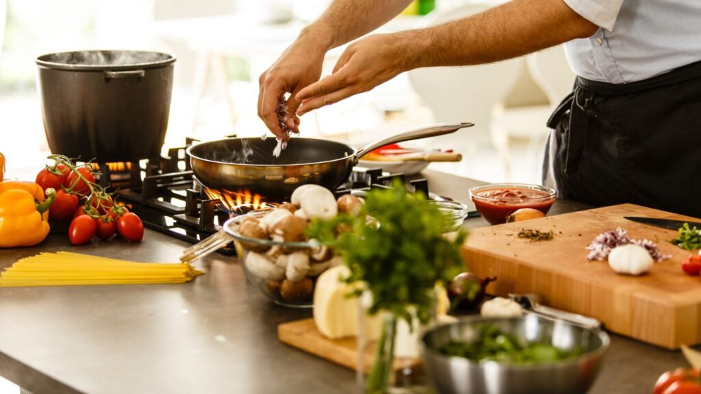 Home cooking with fresh vegetables and pasta for healthy weight loss meals