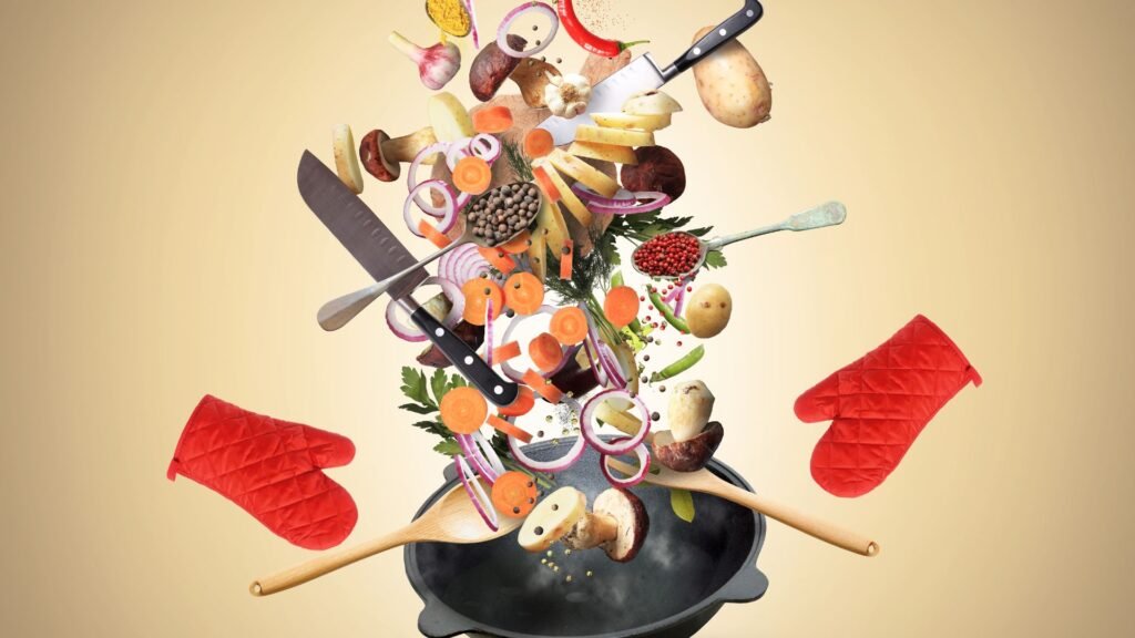 Colorful vegetables, herbs, and spices tossed into a cooking pot representing balanced nutrition