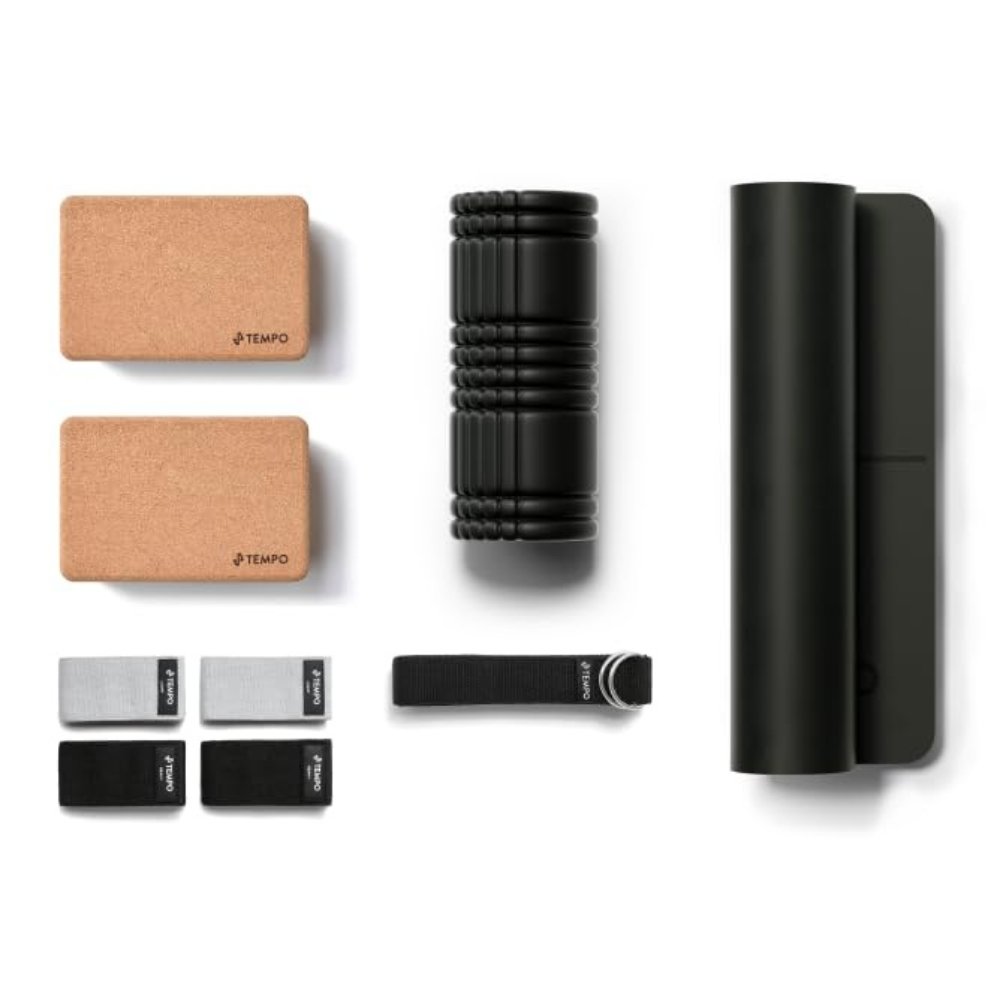 Tempo home fitness kit with yoga blocks, foam roller, resistance bands, and mat