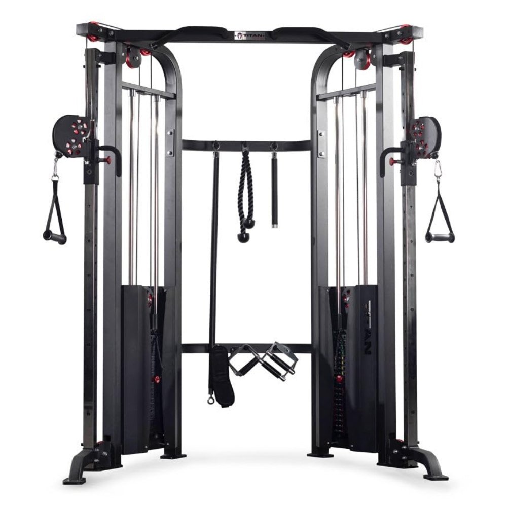 Titan Fitness functional trainer with dual adjustable pulleys and attachments for home gyms