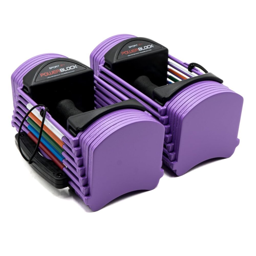 PowerBlock adjustable dumbbells set with compact, color-coded plates for space-saving workouts