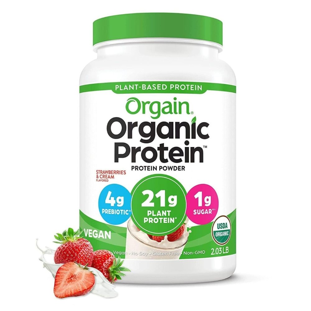 Orgain Organic Protein plant-based powder strawberries and cream flavor with 21 grams of protein
