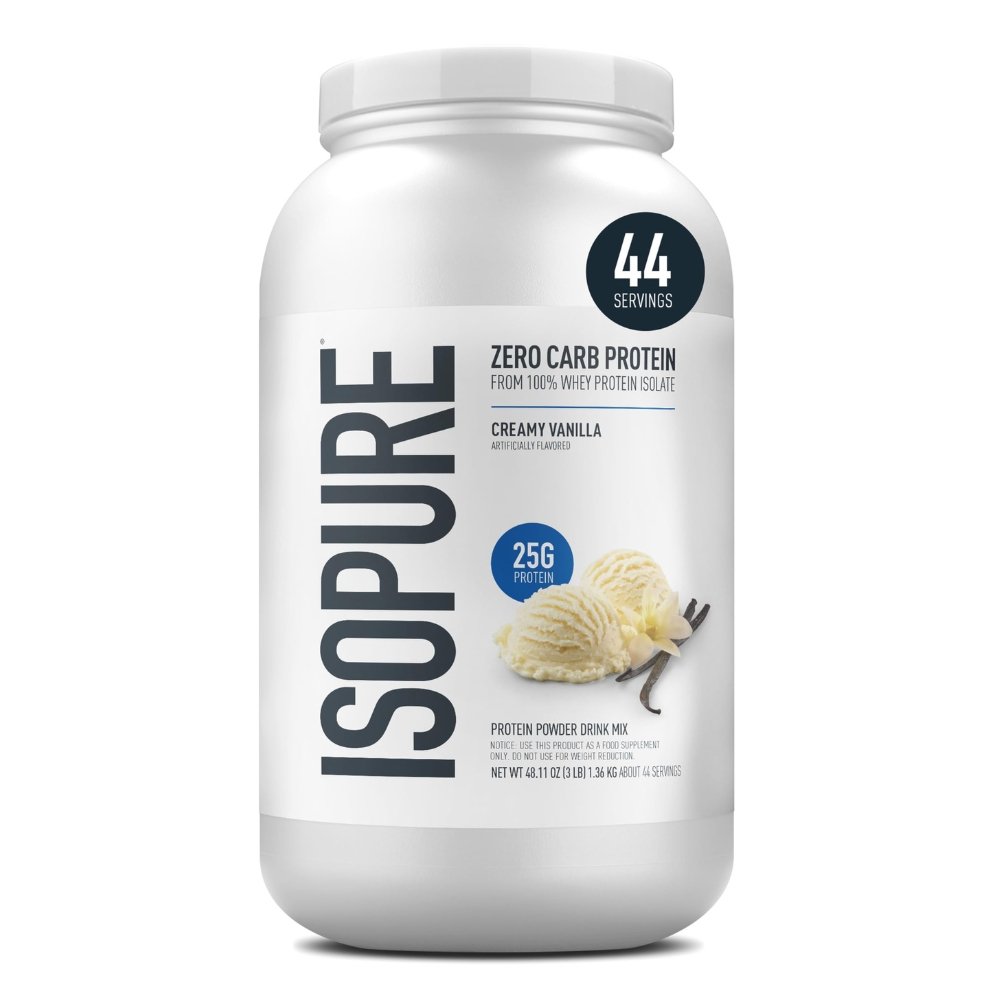Isopure Zero Carb Protein creamy vanilla whey isolate powder with 25 grams of protein per serving