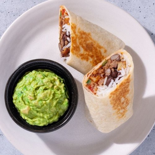 Trifecta breakfast burrito with rice, beans, and guacamole