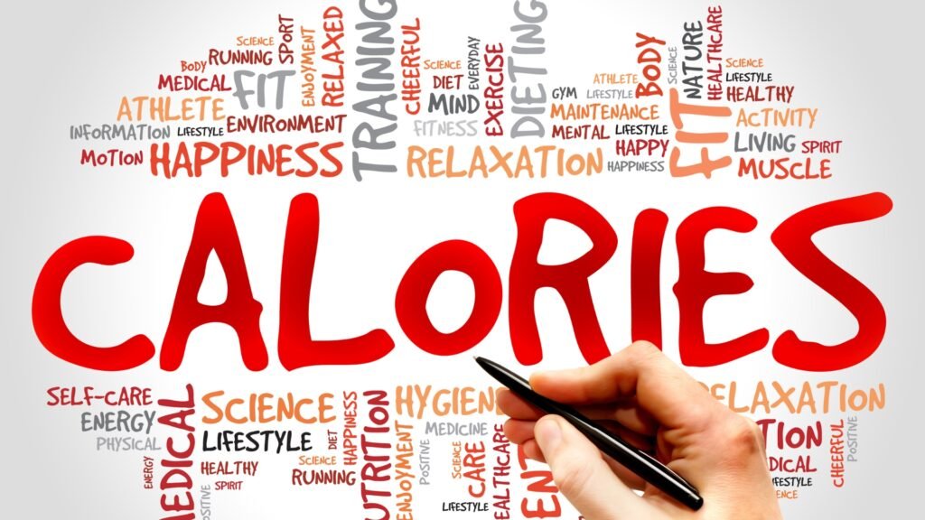 Calories word graphic surrounded by health and fitness terms like nutrition, exercise, and happiness