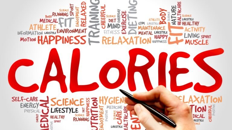 Calories word graphic surrounded by health and fitness terms like nutrition, exercise, and happiness