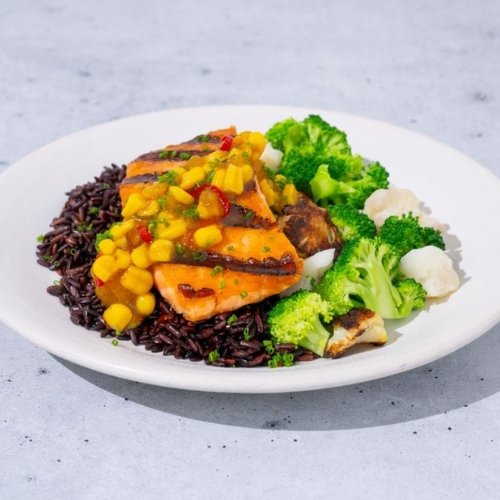 Trifecta grilled salmon with mango salsa, black rice, and steamed broccoli