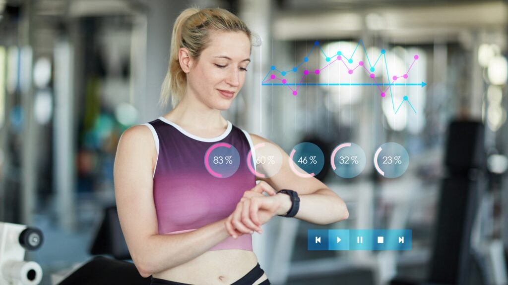 Woman tracking workout progress on smartwatch at gym