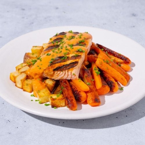 Trifecta GLP-1 friendly salmon meal with roasted carrots and potatoes