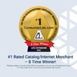 Life Extension ConsumerLab award badge showing number one rated supplement merchant 2025