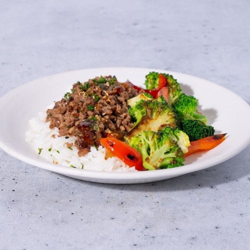 Trifecta vegan beef-style crumbles with rice, broccoli, and red peppers