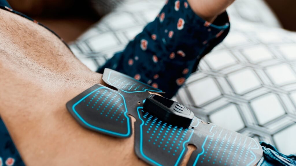 Close-up of an ab-stimulator belt on the stomach