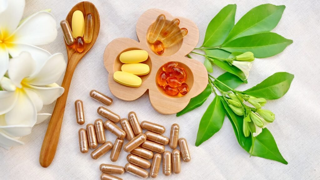 Assorted dietary supplements with capsules and softgels on a natural background