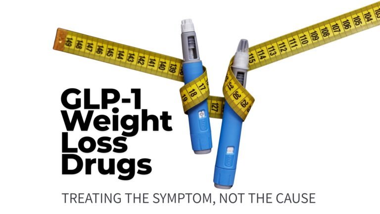 GLP-1 weight loss drug pens wrapped in measuring tape with text treating the symptom not the cause